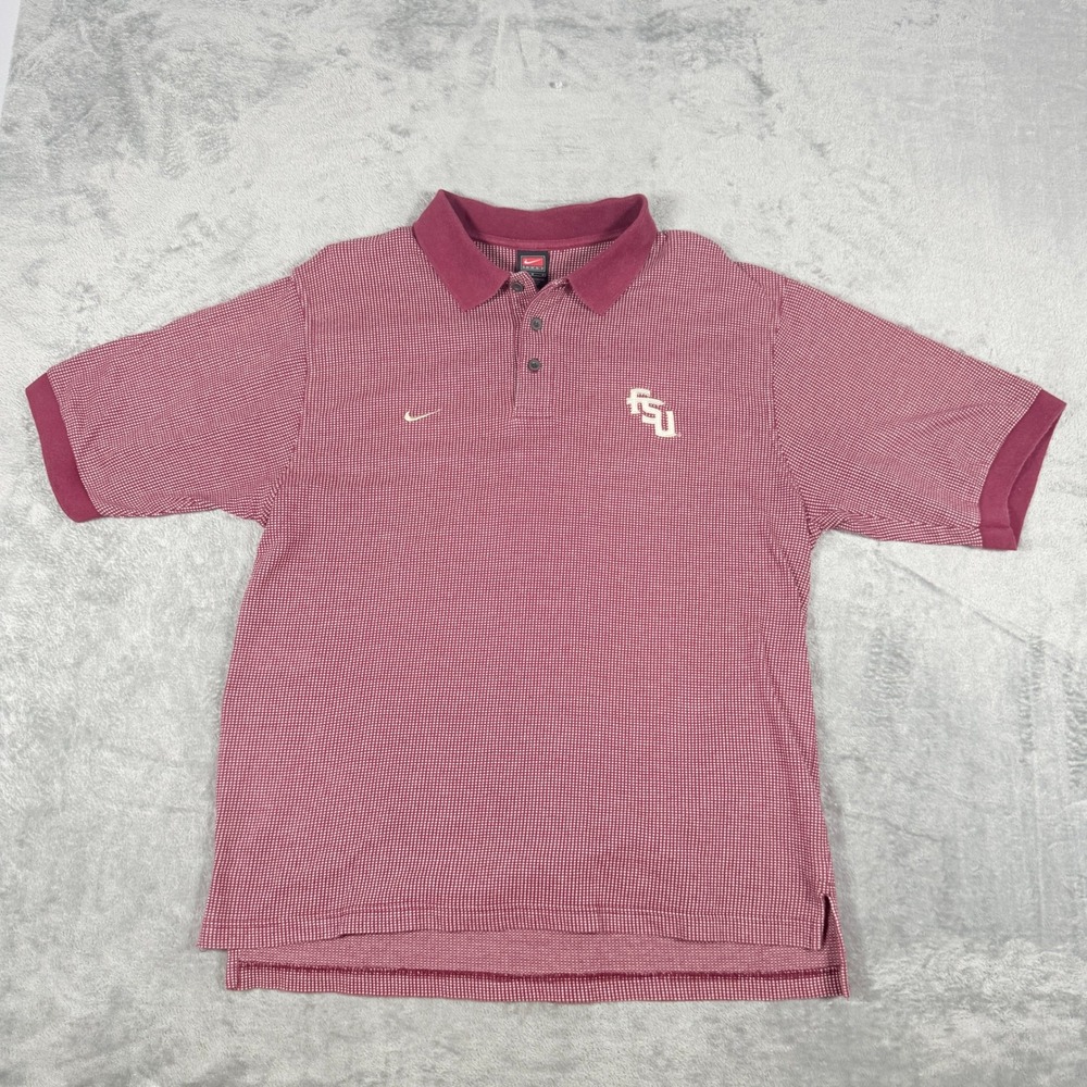 Vintage Nike Mens Large FSU Polo Shirt Maroon White Check Short Sleeve